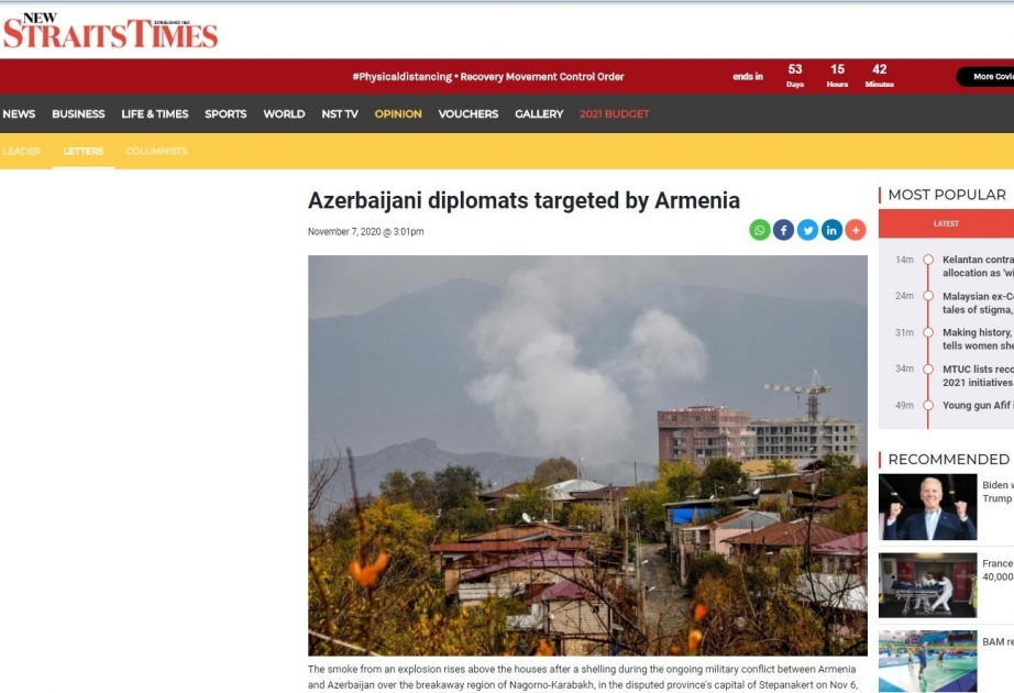 Malayziyanın “New Straits Times” qəzeti Ermənistanın Azərbaycan diplomatlarını hədəfə alması barədə məqalə yayıb