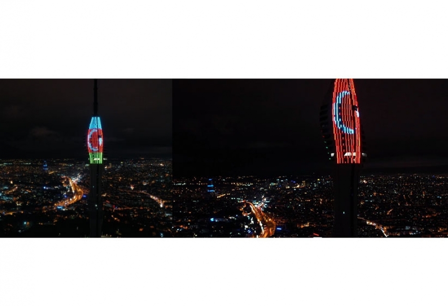 İstanbulda Çamlıca qülləsi Azərbaycan və Türkiyə bayraqlarının rəngləri ilə işıqlandırılıb VİDEO