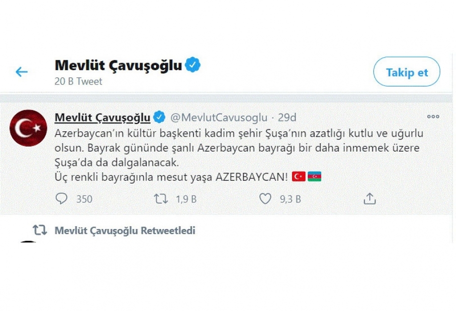 Mövlud Çavuşoğlu: Azərbaycanın mədəniyyət paytaxtı, qədim Şuşa şəhərinin azadlığı mübarək və uğurlu olsun