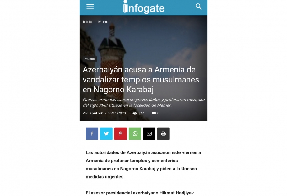 Чилийский Infogate пишет о разрушениях мусульманских святилищ в Нагорном Карабахе