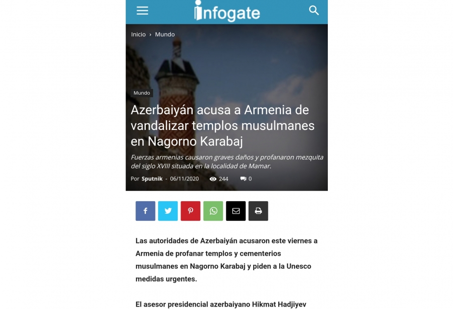 Çilinin “Infogate” agentliyi Dağlıq Qarabağda müsəlman ziyarətgahlarının dağıdılması barədə yazıb