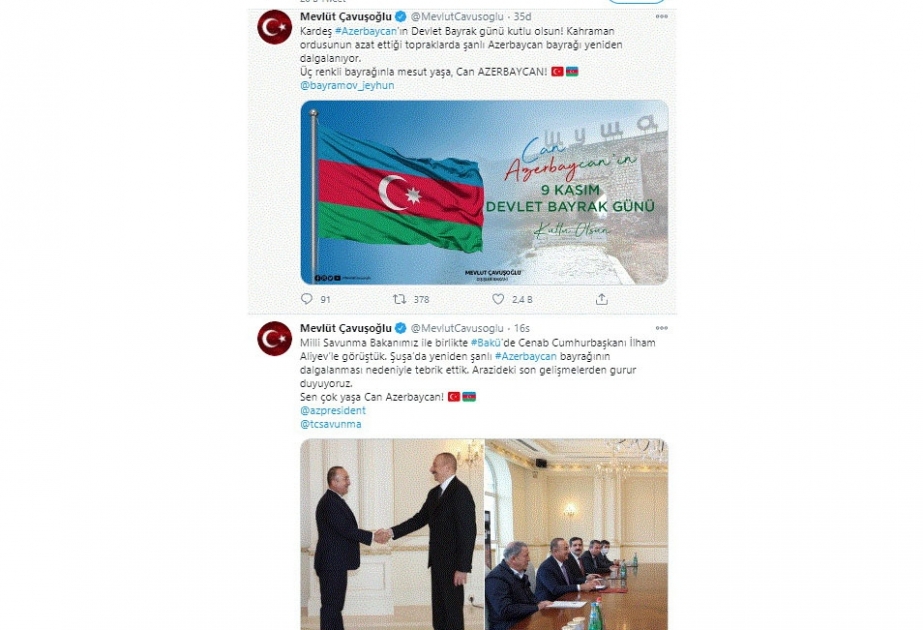 Mövlud Çavuşoğlu Azərbaycanı Dövlət Bayrağı Günü münasibətilə təbrik edib