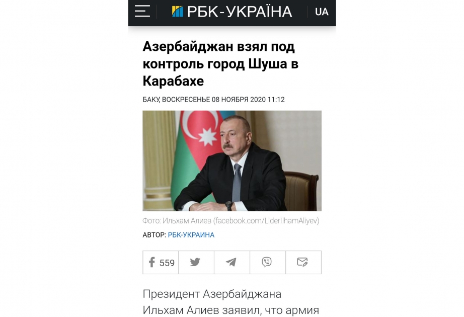 Ukrayna mətbuatı Şuşanın azad olunması ilə bağlı Prezident İlham Əliyevin xalqa müraciətini geniş işıqlandırıb