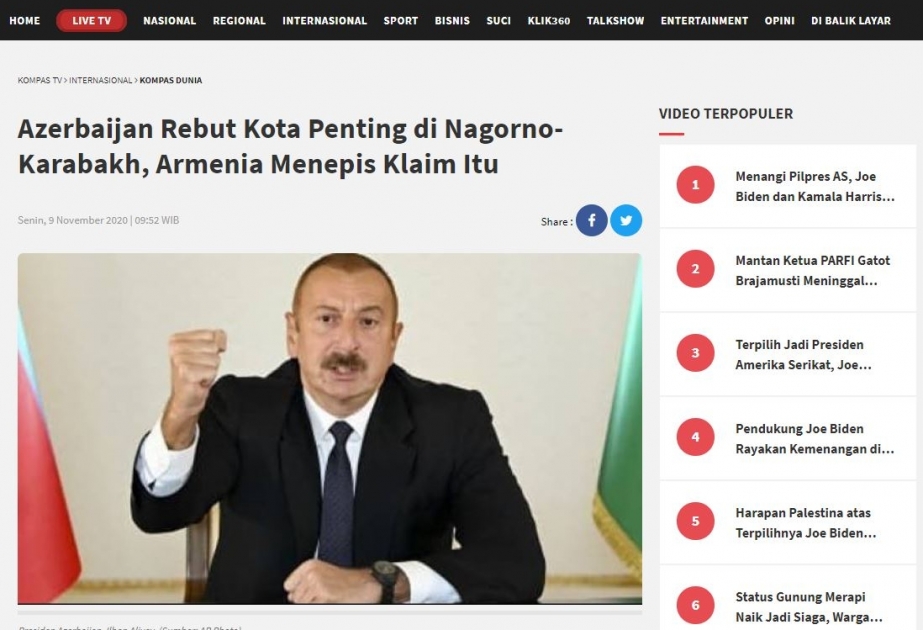 İndoneziya mətbuatı Şuşanın erməni işğalından azad edilməsini geniş işıqlandırır
