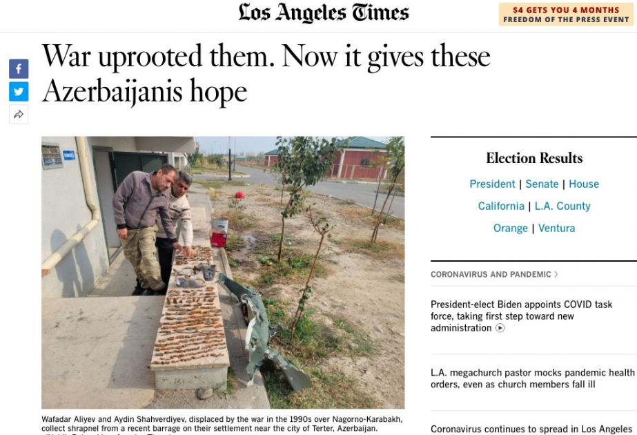 “Los-Angeles Times”: “Müharibə bu azərbaycanlıların qovulmasına gətirib çıxarıb. İndi müharibə onlara ümid verir”