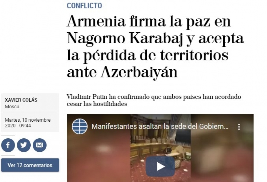 Azərbaycan, Rusiya və Ermənistan liderlərinin imzaladığı birgə bəyanat İspaniya KİV-lərinin diqqət mərkəzindədir