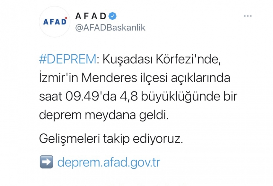 Egey dənizində 4,8 bal gücündə zəlzələ olub