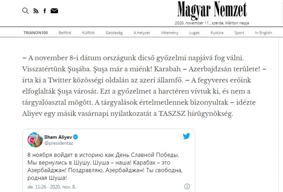 Венгерское издание рассказало о военном триумфе ВС Азербайджана