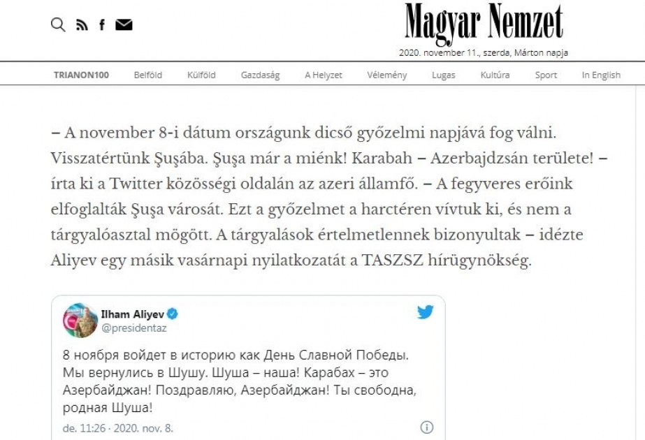 La edición húngara destaca el triunfo militar de las Fuerzas Armadas de Azerbaiyán