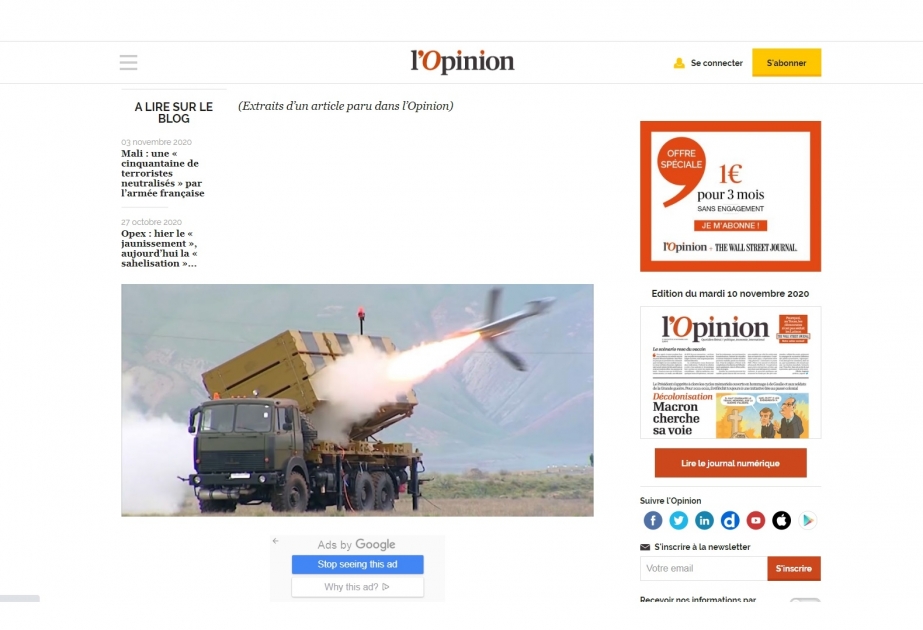 Fransa qəzeti: Azərbaycan Ordusunun üstünlüyü ilk günlərdən bəlli idi