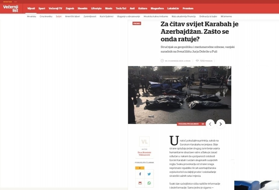 Xorvatiya saytı: Bütün dünya üçün Qarabağ Azərbaycandır