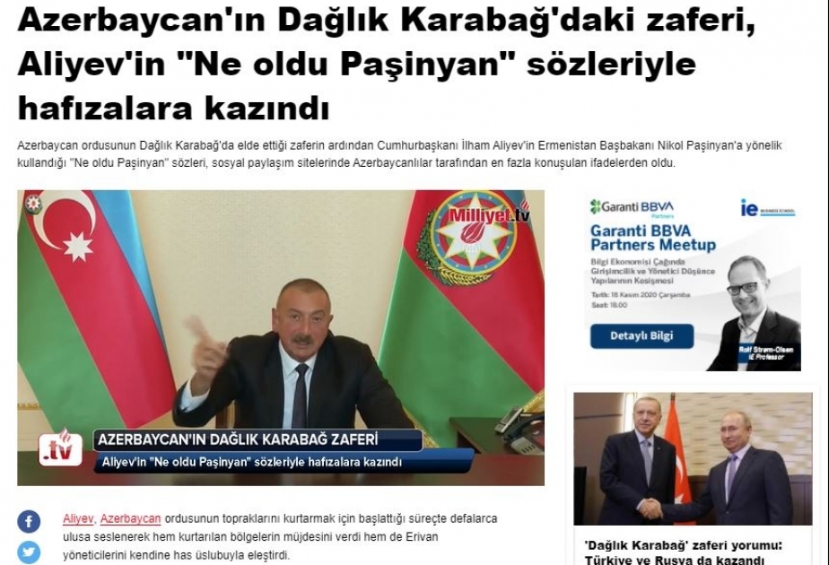 Türkiyə mediası: Azərbaycanın zəfəri “Nə oldu Paşinyan?” ifadəsi ilə yaddaşlara həkk olunub