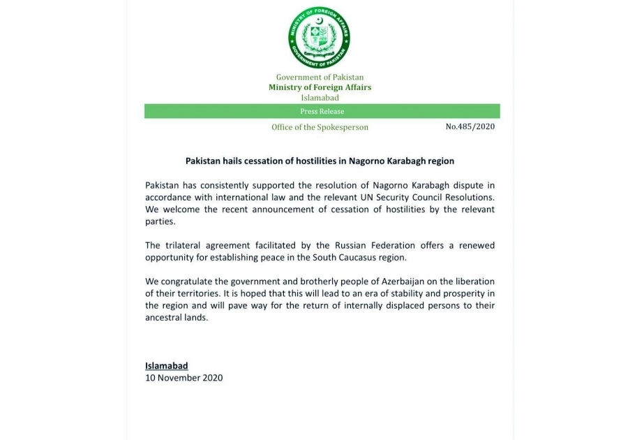Pakistán acoge con beneplácito la suspensión de las operaciones militares en Alto-Karabaj
