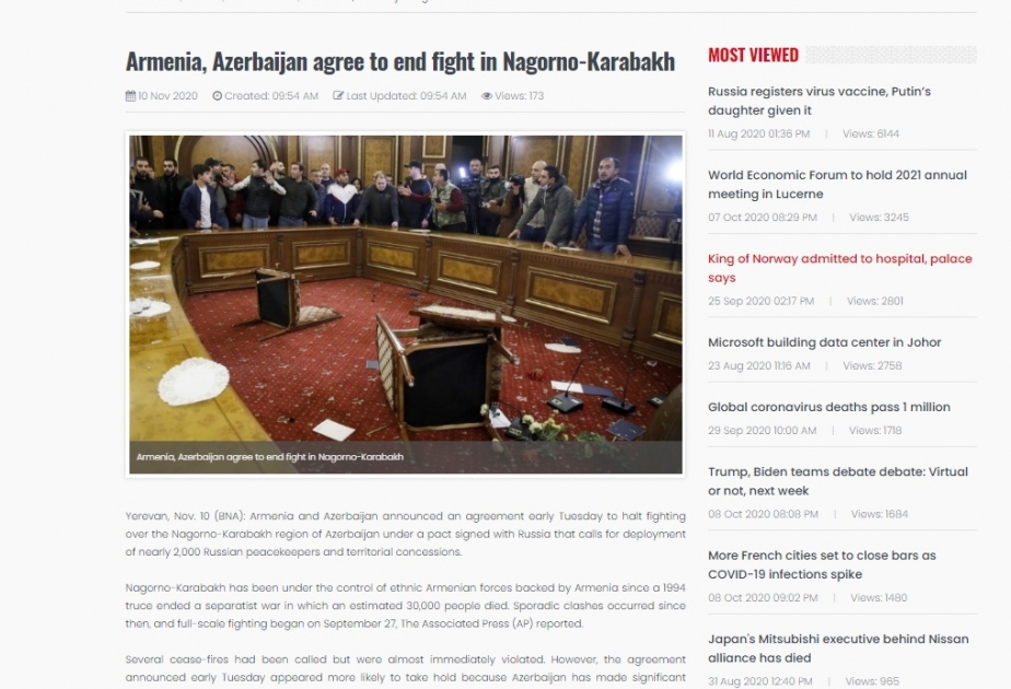Bəhreynin rəsmi informasiya agentliyinin saytında Azərbaycan, Rusiya və Ermənistanın imzaladığı birgə bəyanatdan bəhs edilib