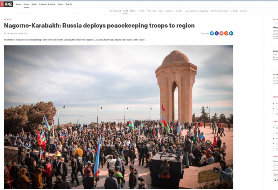 Azərbaycan Ordusunun şanlı Qələbəsi Yeni Zelandiya mətbuatının da diqqət mərkəzindədir