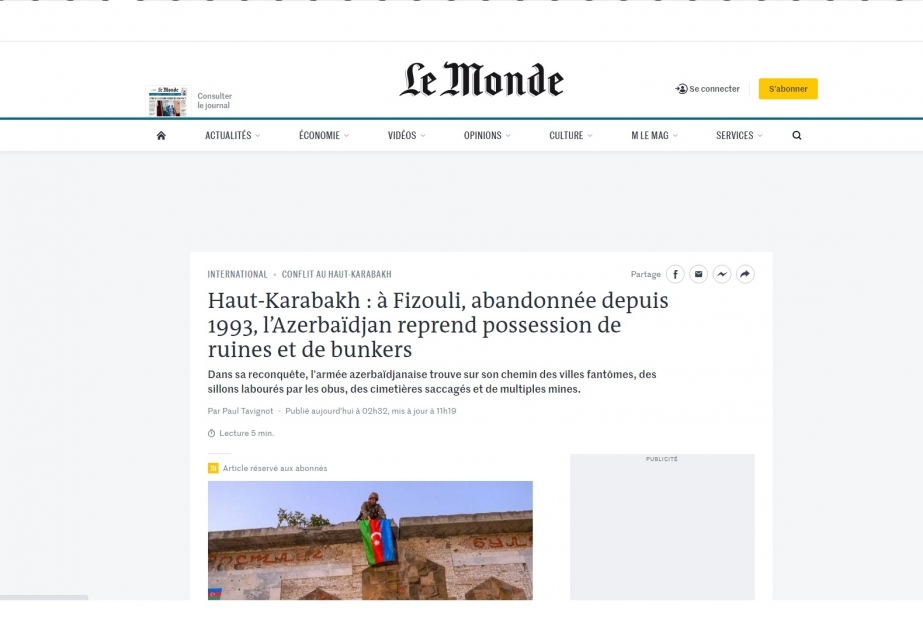 “Le Monde” azad olunmuş Füzulinin Mərdinli məscidinin erməni işğalçıları tərəfindən dağıdılmasından yazır