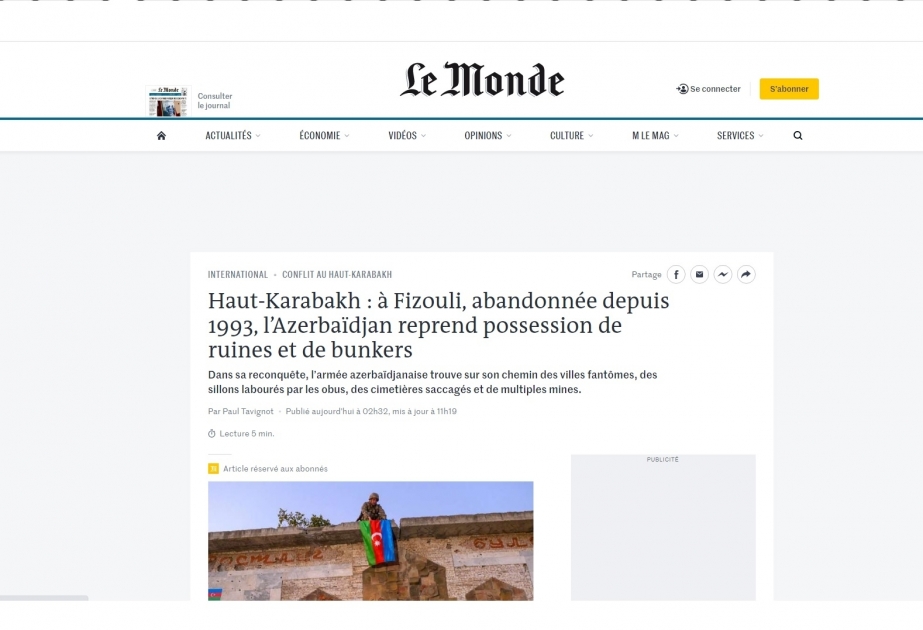 Le journal Le Monde parle des ruines causées par les occupants dans la région azerbaïdjanaise de Fuzouli