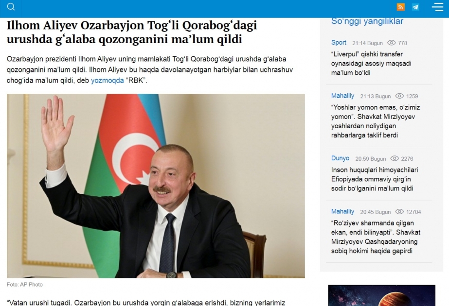 Özbəkistan portalları: Azərbaycan qələbə qazanıb, Ermənistanın işğalı altındakı ərazilər azad olunub