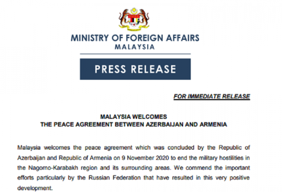 تاييد تال من وزارة الخارجية الماليزية بسلامة اراضي أذربيجان