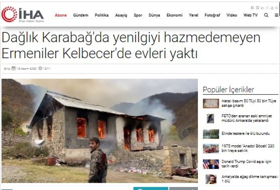 Türkiyə mediası: Kəlbəcəri tərk edən ermənilər evləri və meşələri yandırırlar