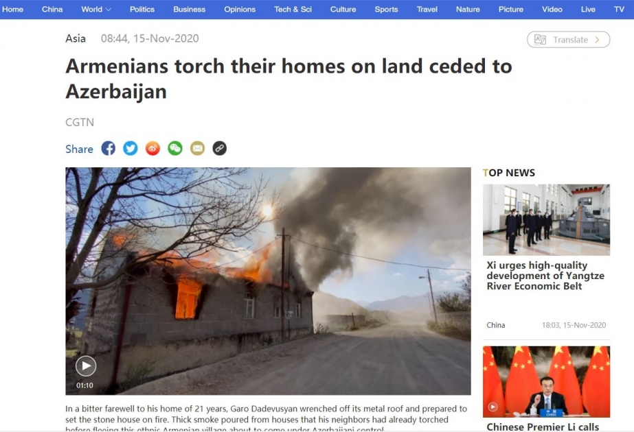 CGTN ermənilərin Kəlbəcəri tərk edərkən törətdikləri vandallıqlardan yazır