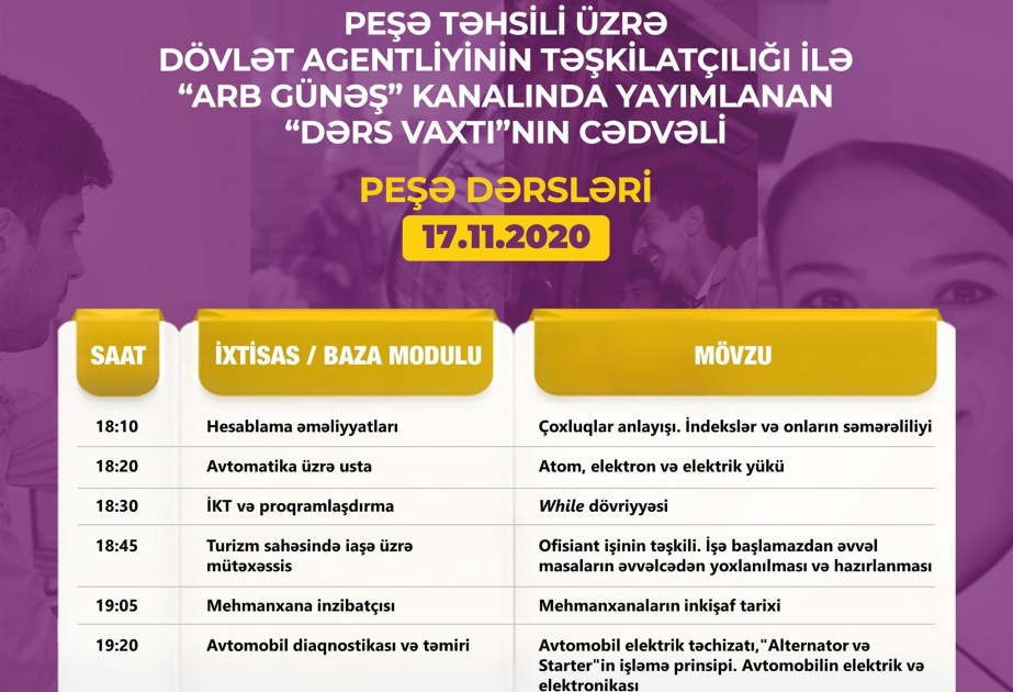 Peşə təhsili üzrə “Dərs vaxtı” proqramının noyabrın 17-nə olan cədvəli