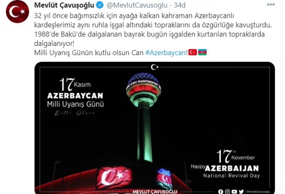 Mövlud Çavuşoğlu Milli Dirçəliş Günü münasibətilə Azərbaycan xalqını təbrik edib