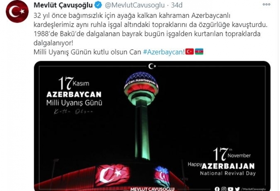 Turkish FM Mevlut Cavusoglu congratulates people of Azerbaijan on National Revival Day