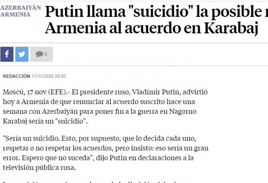 “La Vanguardia”: Vladimir Putin beynəlxalq hüquqa əsasən Qarabağın və ətraf rayonların Azərbaycanın ayrılmaz tərkib hissəsi olduğunu bildirdi