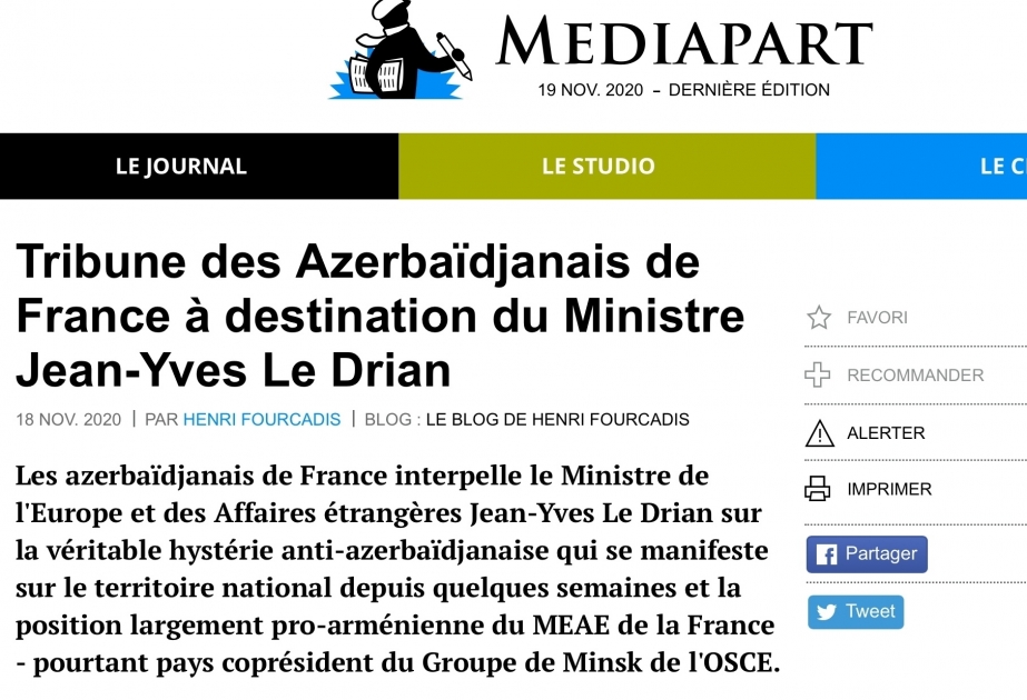 Les Azerbaïdjanais de France adressent un message au ministre français de l’Europe et des Affaires étrangères