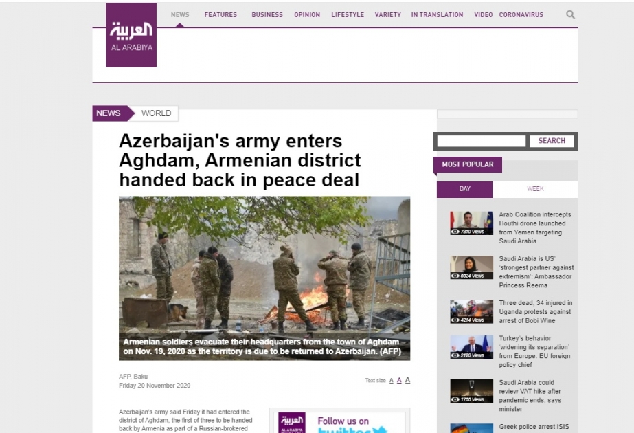 Ərəb telekanalları Azərbaycan Ordusunun Ağdama daxil olması barədə reportajlar yayımlayır
