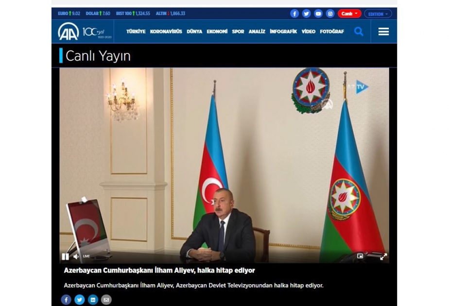 Türkiyə mediası Prezident İlham Əliyevin Ağdamın azad edilməsi ilə bağlı xalqımıza müraciətini canlı yayımlayıb