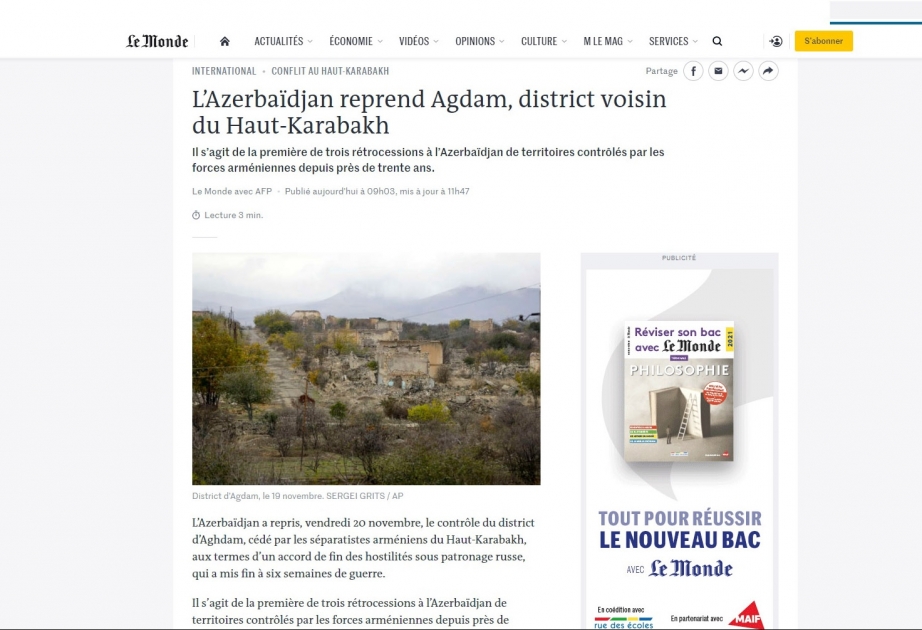 “Le Monde” Ağdamın işğaldan azad olunmasından yazır