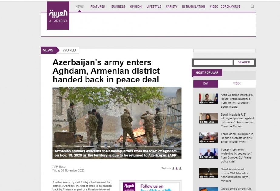 Los canales de televisión árabes difunden reportajes sobre la entrada del ejército azerbaiyano en Aghdam