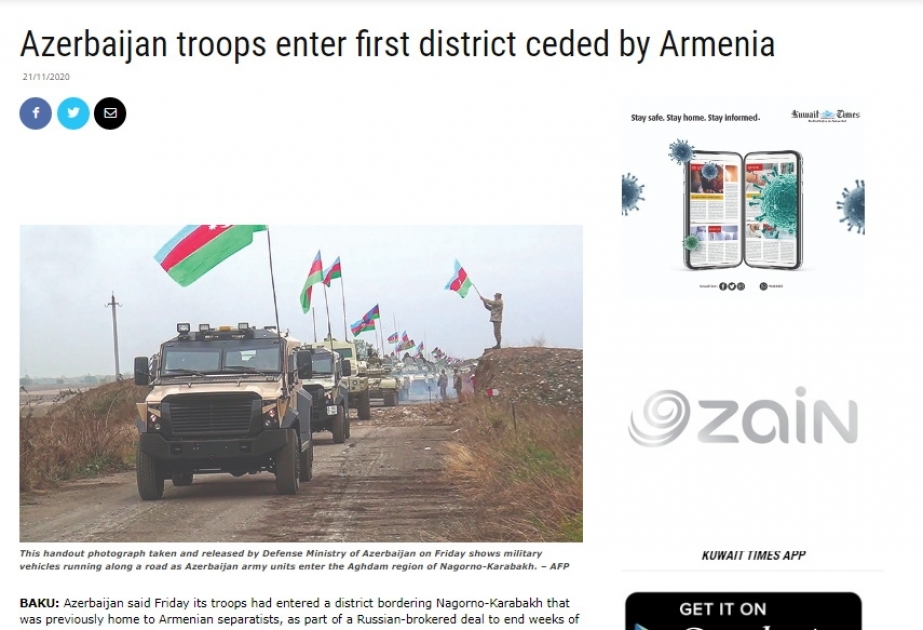“Kuwait Times” qəzetində Ağdamın işğaldan azad olunması barədə məqalə dərc edilib