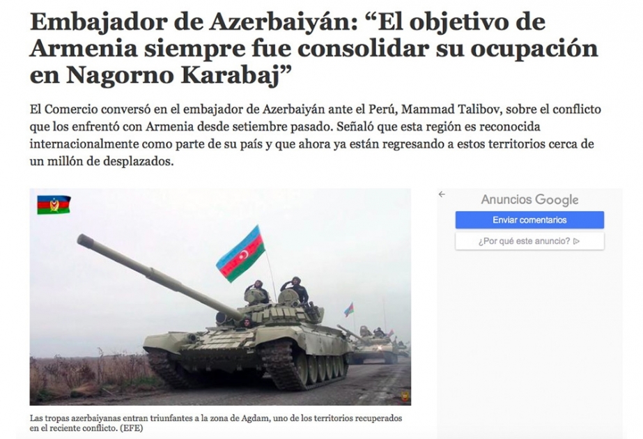 Perunun ən çox oxunan qəzetində Ermənistanın ölkəmizə qarşı hərbi təcavüzü və törətdiyi cinayətlərdən danışılıb