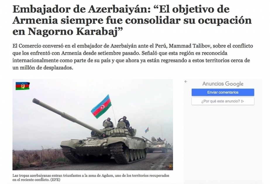 El Comercio: Embajador de Azerbaiyán: "El objetivo de Armenia siempre fue consolidar su ocupación en Nagorno Karabaj"