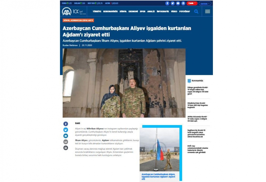Türkiyə mediası Prezident İlham Əliyevin Ağdam şəhərinə səfərini geniş işıqlandırıb