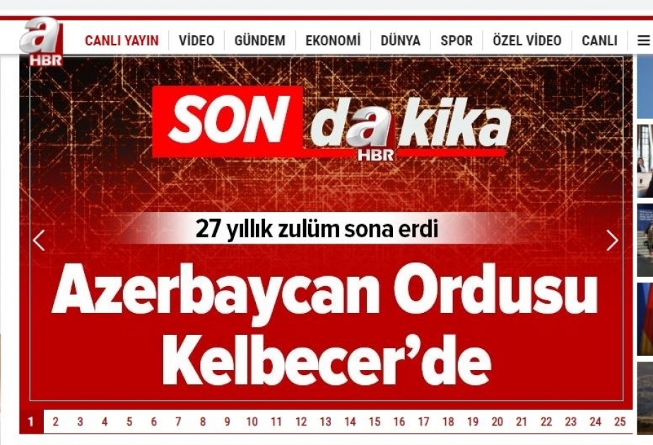Azərbaycan Ordusunun Kəlbəcərə daxil olması Türkiyə mediasının baş xəbəridir