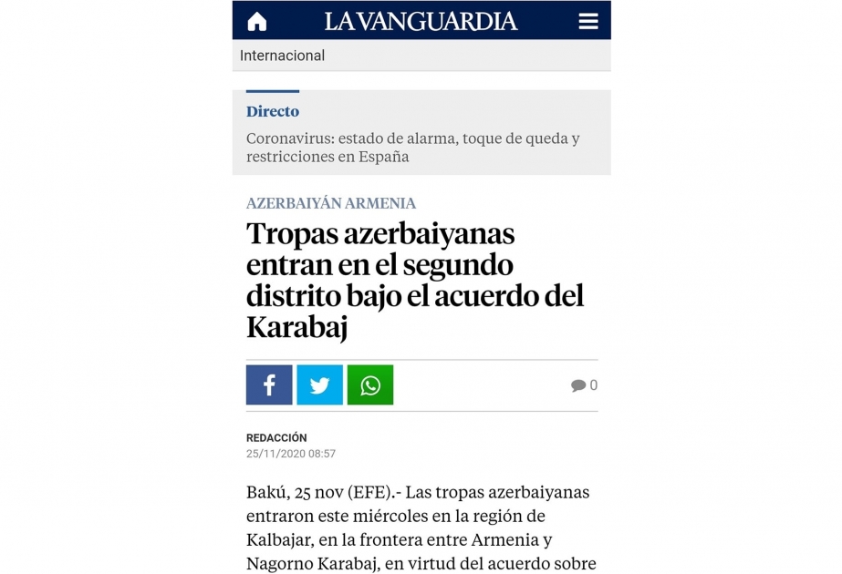 İspaniya mətbuatı Azərbaycan Silahlı Qüvvələrinin Kəlbəcər rayonuna daxil olması barədə yazır