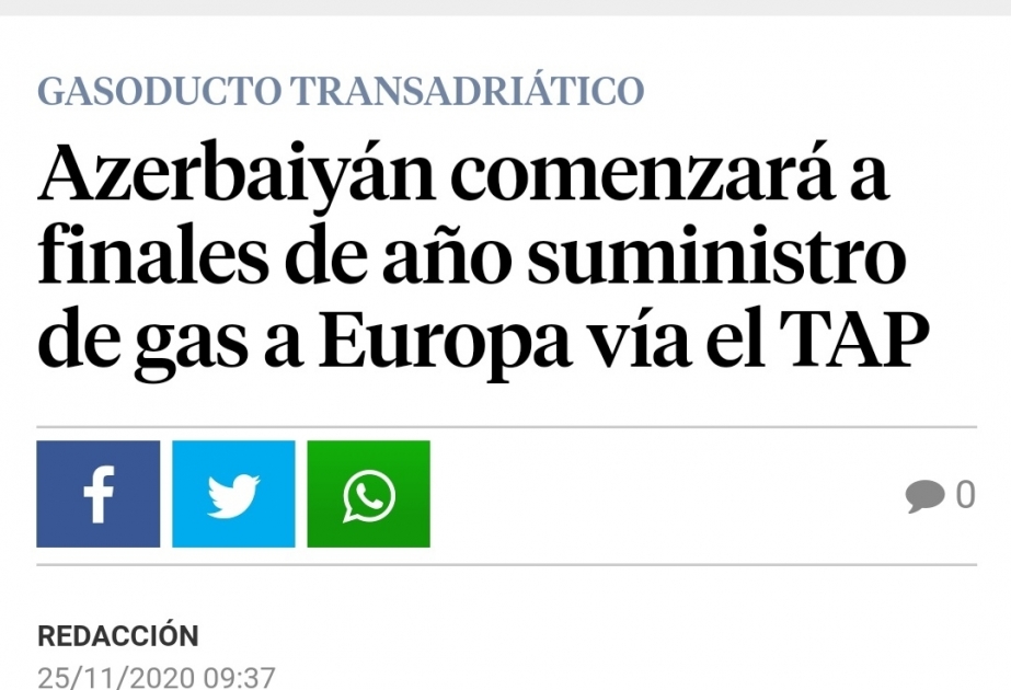 La prensa española escribe sobre las entregas previstas de gas azerbaiyano a Europa para finales de año