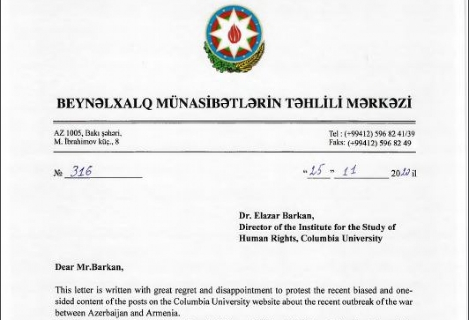 BMTM Kolumbiya Universitetinə etiraz məktubu ünvanlayıb