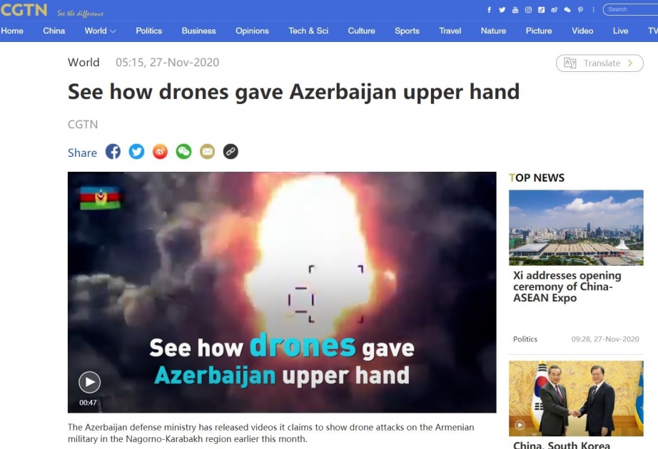 Çin nəşri Azərbaycanın Qarabağ döyüşlərində PUA-larla uğurlu hücumlarından yazıb