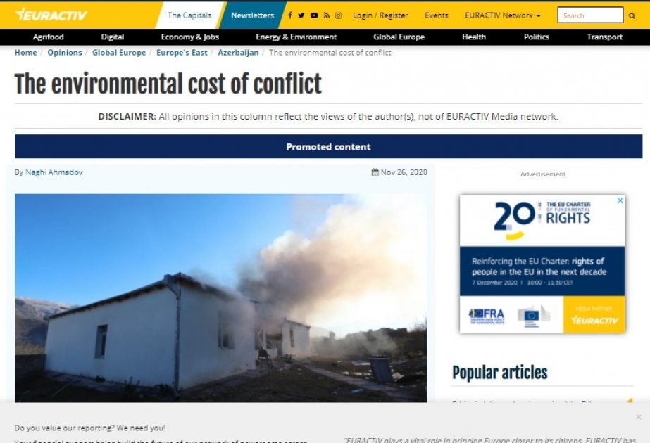 “Euractiv” portalı Ermənistanın Azərbaycana qarşı həyata keçirdiyi ekoloji terror barədə məqalə dərc edib