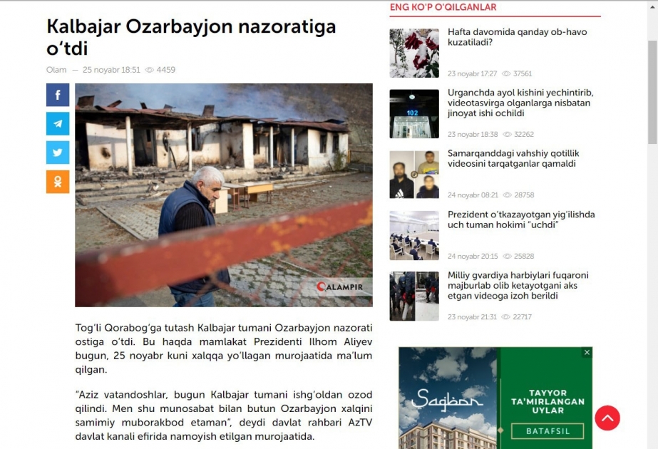 Özbəkistan portalları Kəlbəcərin işğaldan azad olunmasından yazır