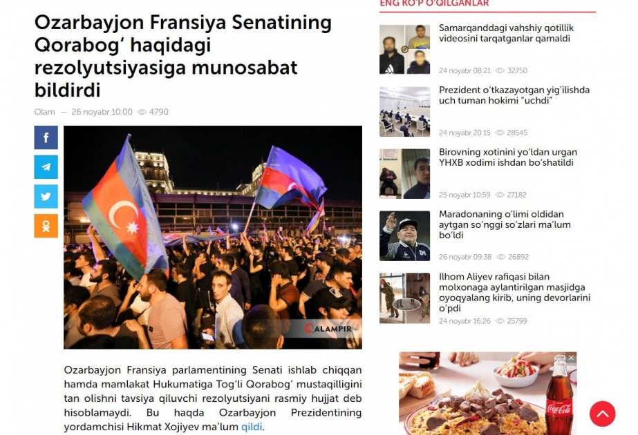 Özbəkistan portalları: Fransa Senatının qətnaməsi Azərbaycan üçün adi kağız parçasından başqa bir şey deyil