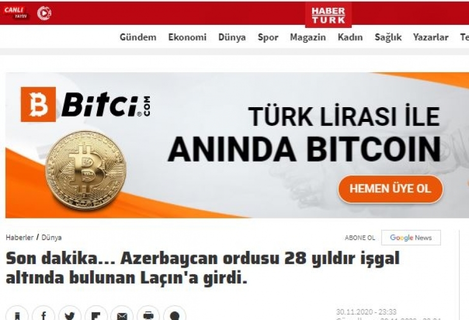 Azərbaycan Ordusunun Laçına daxil olması Türkiyə mediasının baş xəbəridir
