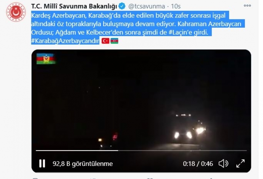 Türkiyə Milli Müdafiə Nazirliyi: Qəhrəman Azərbaycan Ordusu Laçına daxil olub