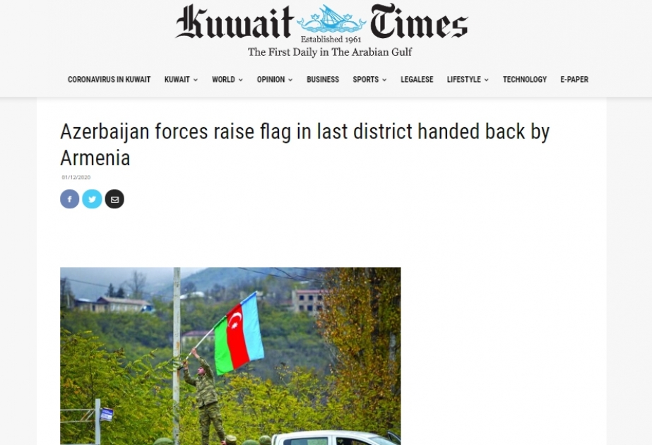 “Kuwait Times” qəzetində Azərbaycanın Laçın rayonunun işğaldan azad edilməsi barədə məqalə dərc olunub