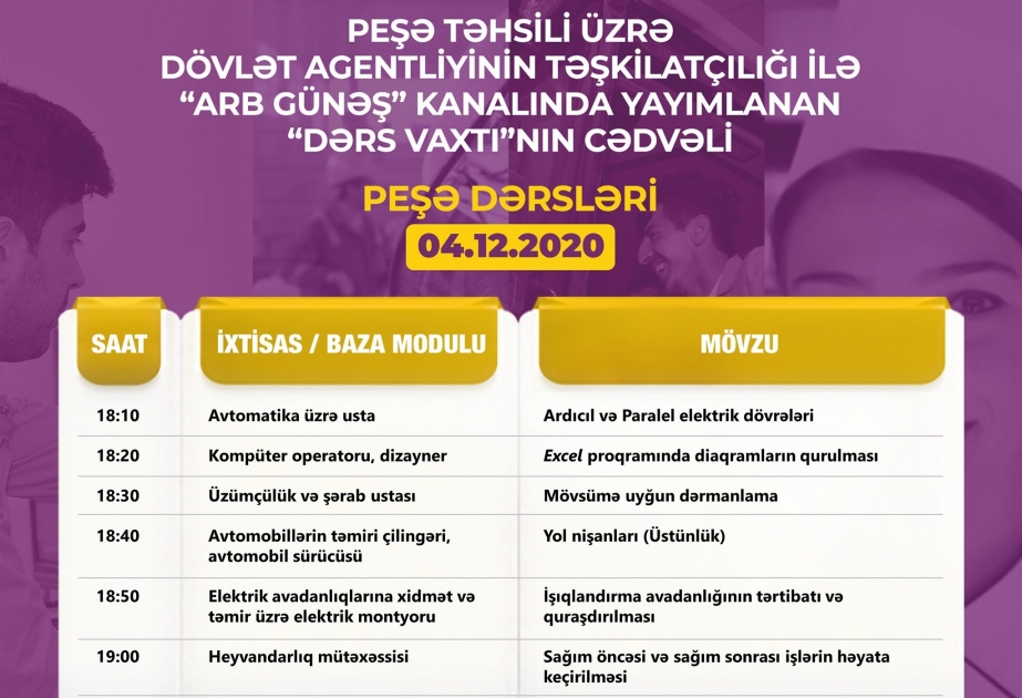 Peşə təhsili üzrə “Dərs vaxtı”nın dekabrın 4-nə olan cədvəli